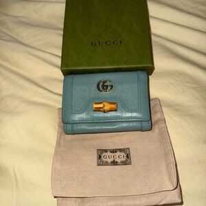 Gucci Teal Leather Wallet with Bamboo Accent
